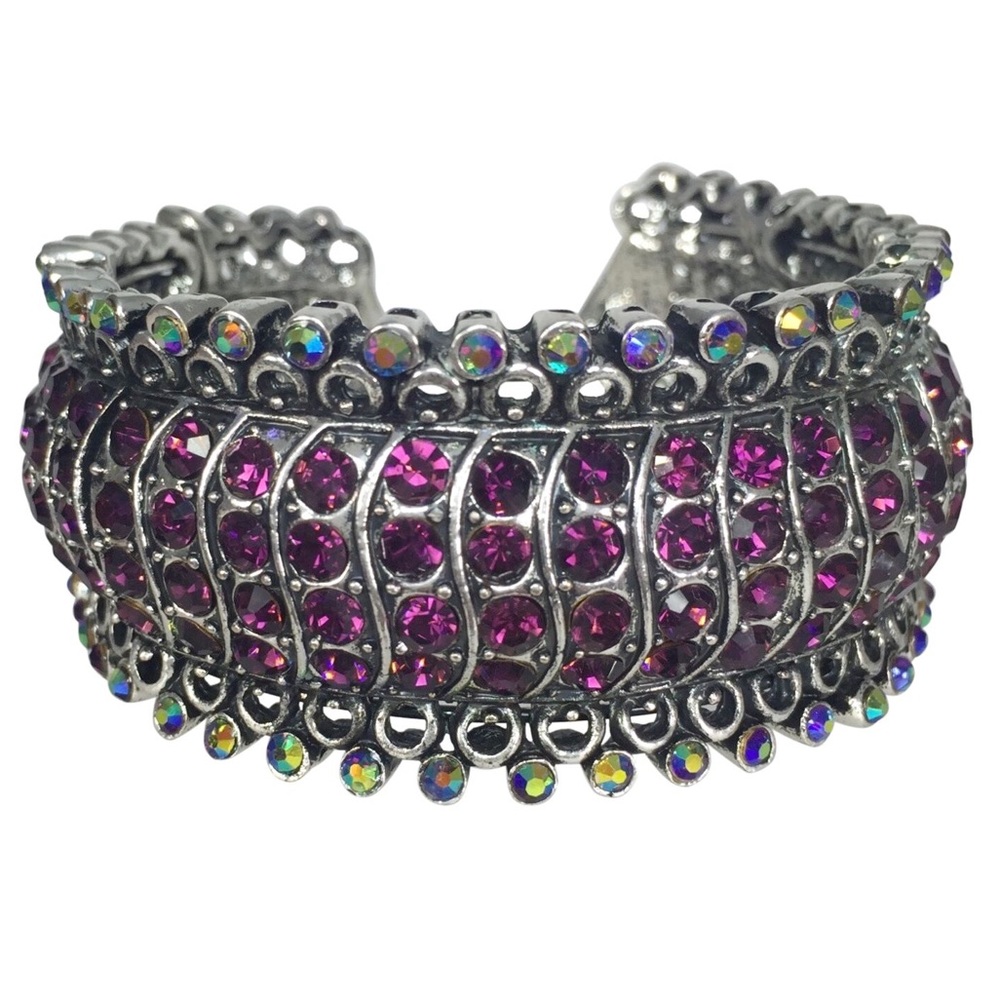 Purple Rhinestone Silver Chunky Statement Wide Large Cuff Bangle Bracelet
